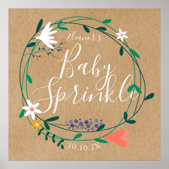 Rustik blomsterkrans Baby Sprinkle välkomstskylt Poster (Framsidan)