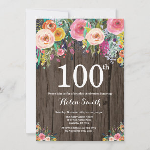 Rustik blomsterlig 100-års födelsedagsinbjudan inbjudningar