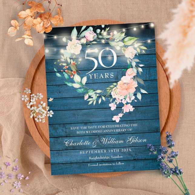 Rustik blomsterlig 50-årsjubileum Spara datum  Meddelande Vykort (Skapare uppladdad)