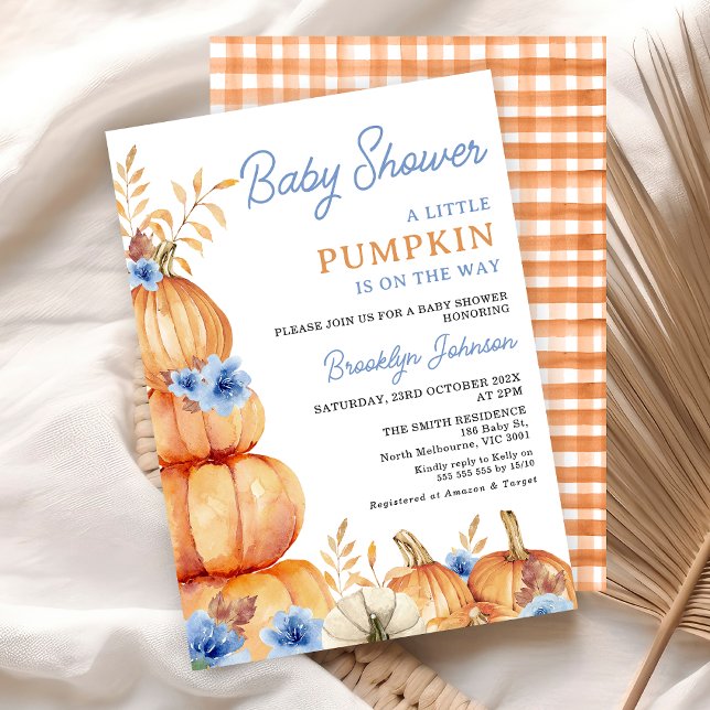 Rustik Blue Blommigt Little Pumpkin Baby Shower Inbjudningar (Boys Little Pumpkin Baby Shower Invitation, Blue Floral Pumpkin Themed Fall Baby Shower, Autumn)