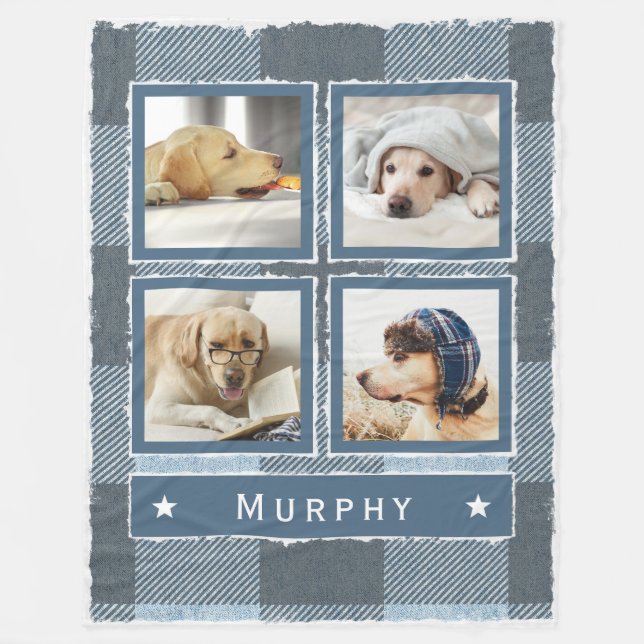 Rustik Blue Denim Buffalo Plaid 4 Photo Hund Large Fleecefilt (Framsidan)