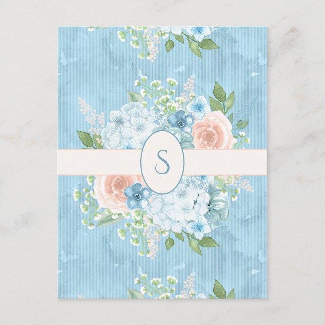 Rustik Blue Rosa Blommigt Shabby chic Monogram Tack Kort (Framsida)