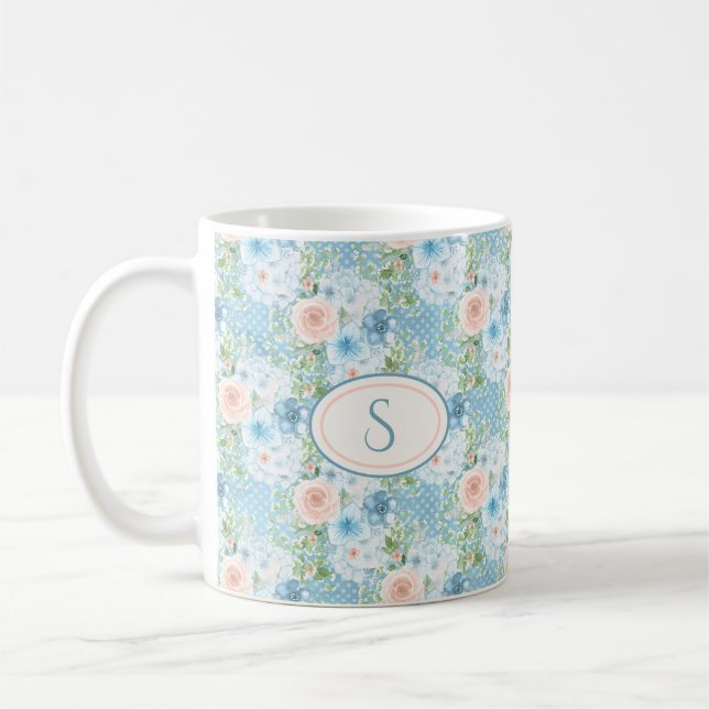 Rustik Blue Rosa Monogram Blommigt Shabby chic Kaffemugg (Vänster)