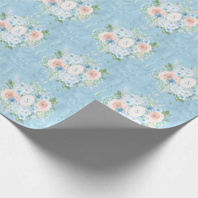 Rustik Blue Rosa Monogram Blommigt Shabby chic Presentpapper (Hörn)