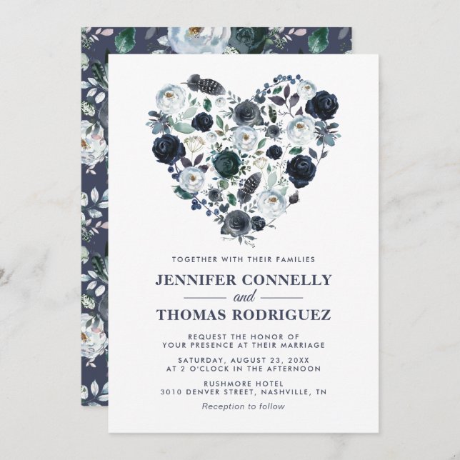Rustik Blue Watercolor Blommigt Heart Bröllop Inbjudningar (Fram/baksida)