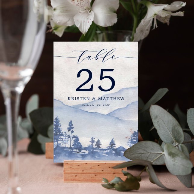 Rustik Blue Watercolor Mountain Bröllop Bordsnummer (True romance blossoms on your special day with our Blue Mountain Watercolor Wedding Table Numbers.)