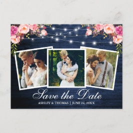 Rustik Blue Wood Rosa Blommigt 3 Foto Spara datum Inbjudan Vykort