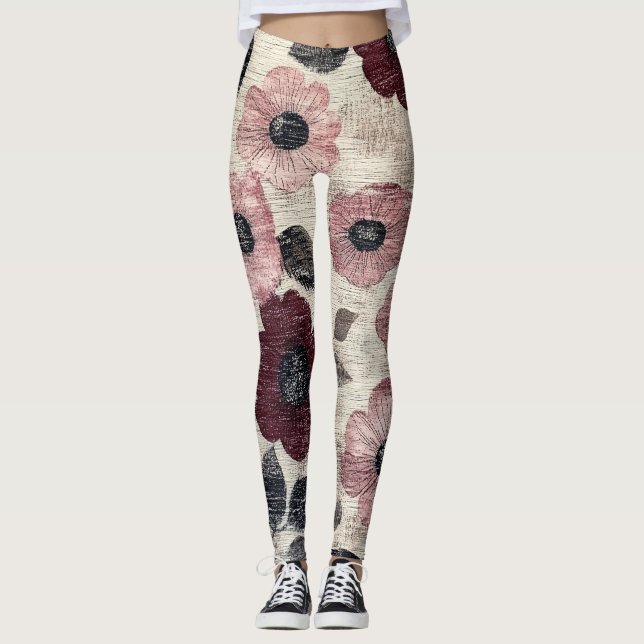 Rustik Blush Blommig Linne Mönster (7) Leggings (Framsida)