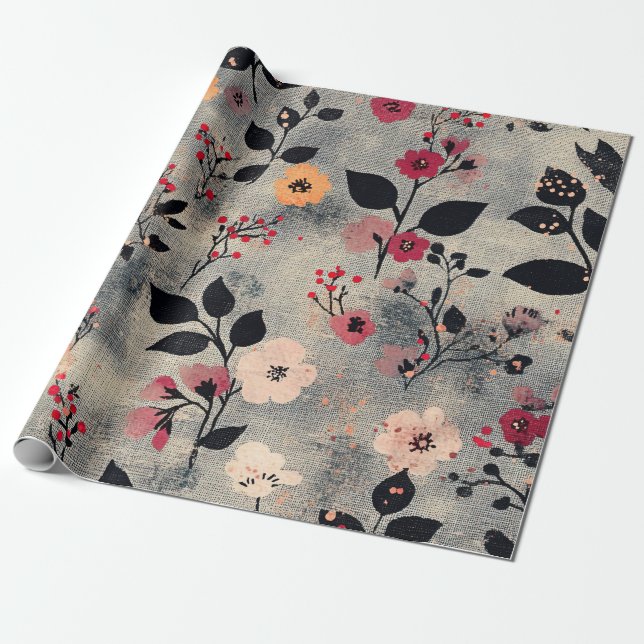 Rustik Blush Blommönsterduk (3) Presentpapper (Utrullad)