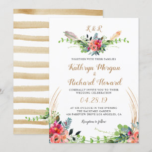 Rustik Bohemian Blommigt Watercolor Monogram Bröll Inbjudningar