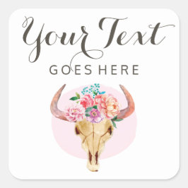 Rustik bohemisk vattenfärgsros floral ko skull fyrkantigt klistermärke