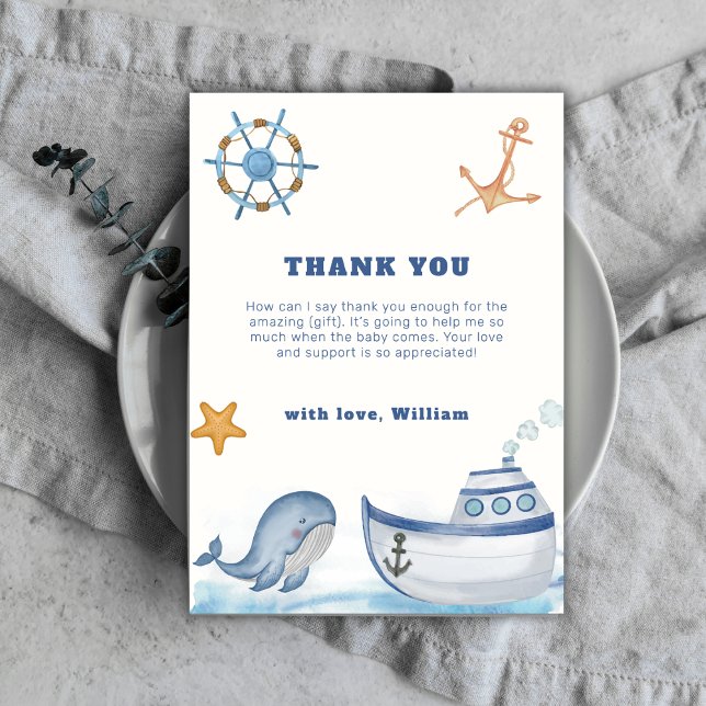 Rustik Boho Ahoy Pojke Valhaj Segelbåt Baby Shower Tack Kort (Rustic Boho Ahoy Boy Whale Sailboat Baby Shower Thank You Card)