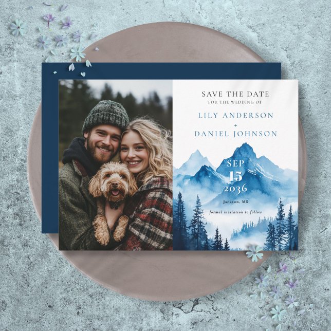 Rustik Boho Akvarell Berg Foto Bröllop Spara Datumet (Rustic Boho Watercolor Mountain Photo Wedding Save The Date)
