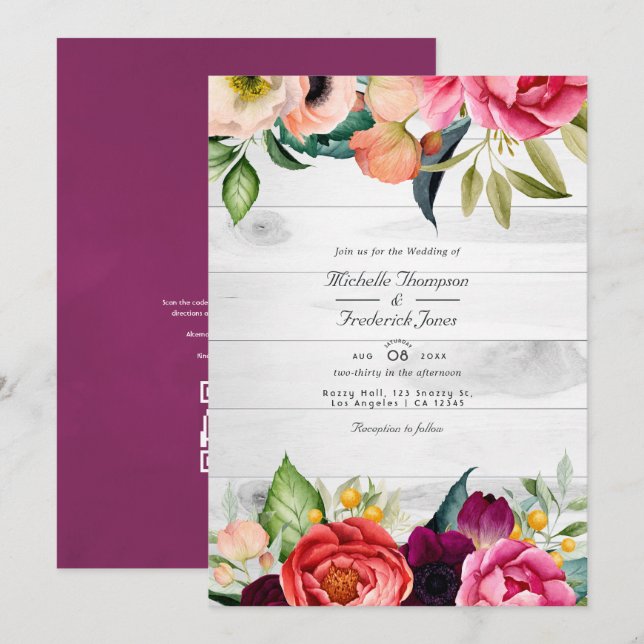 Rustik Boho Blommig Bohemisk QR-kod RSVP Bröllop I Inbjudningar (Fram/baksida)