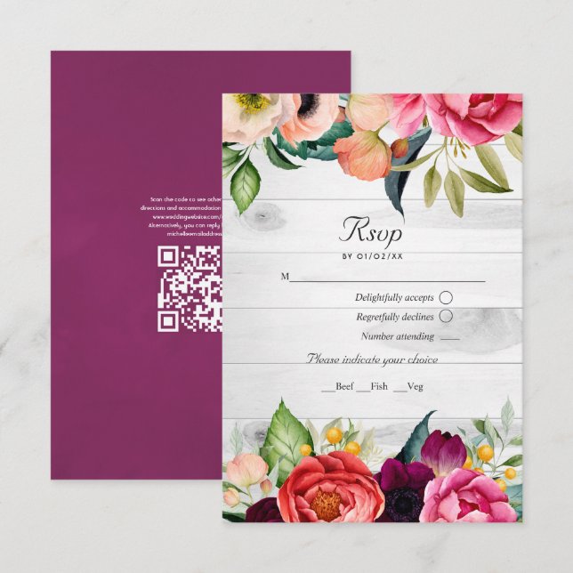 Rustik Boho Blommig Bohemisk QR-kod RSVP Bröllop OSA Kort (Fram/baksida)