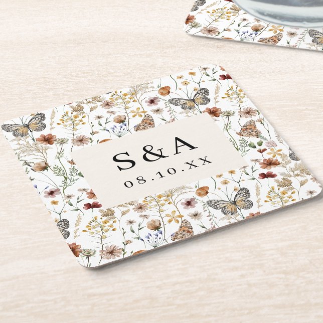 Rustik Boho Blommig Bröllop Underlägg Papper Kvadrat (Rustic Boho Floral Wedding Square Paper Coaster Monogrammed by Painted Paperie
)