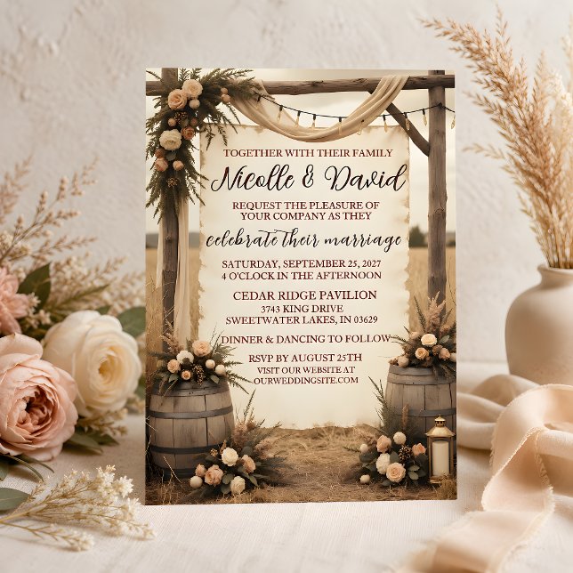 Rustik Boho Blommig Bröllopsinbjudan Inbjudningar (Rustic Floral Barrel Wedding Invitation rustic wedding, invitation, barn wedding invitation)