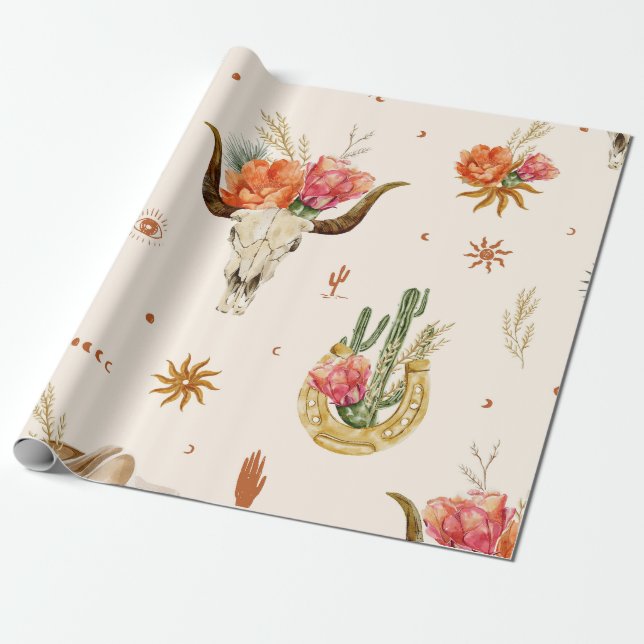 Rustik Boho Blommig Ko Skalle och Western Presentpapper (Utrullad)