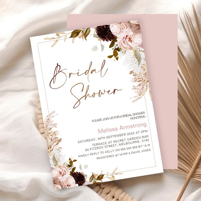 Rustik Boho Blommig med Pampas Ram Bröllopsdusch Inbjudningar (Boho Floral Bridal Shower Invitation, Natural Tones, Blush Bohemian Floral Bridal Shower Invite)