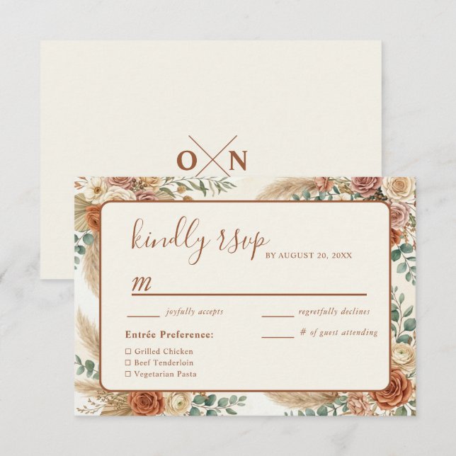 Rustik Boho Blommig Pampas Bröllop RSVP-kort OSA Kort (Fram/baksida)