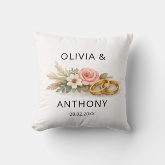 Rustik Boho Blommig Rosa Ros Bröllopsnamn Ornament Kudde