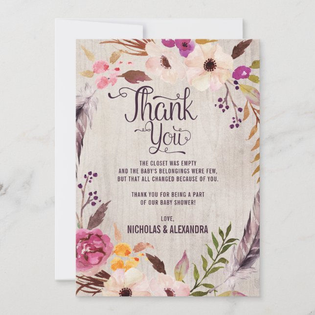 Rustik Boho Blommig Tackkort För Baby Shower Tack Kort (Framsida)