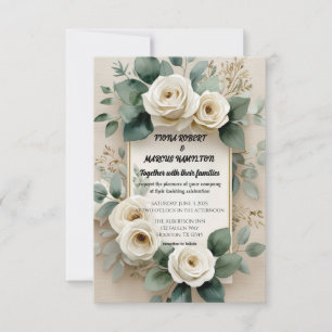 Rustik Boho Blommig Vita Rosor & Beige Linne Spara Datumet