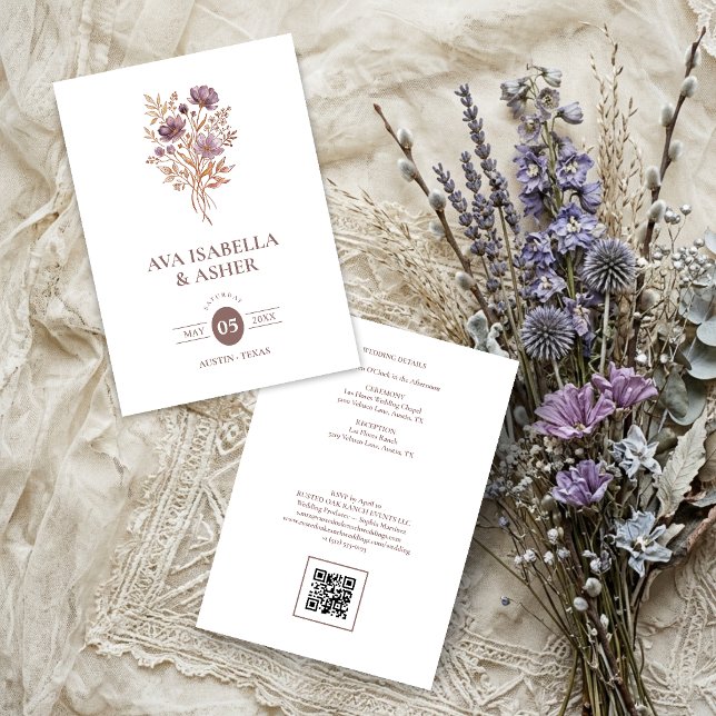 Rustik Boho Botanisk Posy Mauve Bröllop TLW26 Inbjudningar (Rustic Boho Botanical Posy Mauve Purple Wedding Invitation Card with a Lovely Watercolor Effect.)