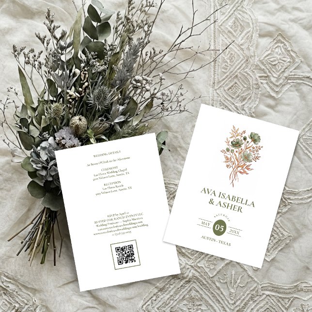 Rustik Boho Botanisk Posy Salvia Bröllop TLW26 Inbjudningar (Rustic Boho Botanical Posy Sage Green Wedding Invitation Card with a Lovely Watercolor Effect.)