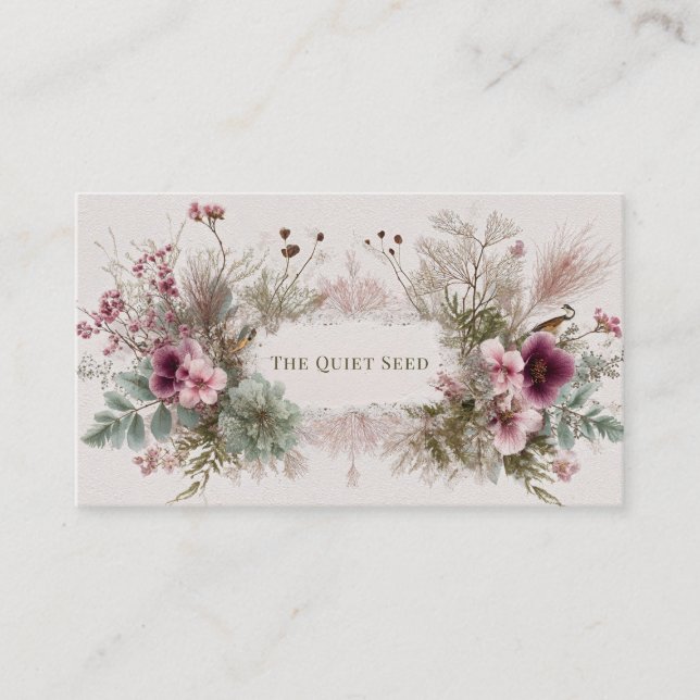 Rustik Boho Botanisk Rosa Blomma & Fågel Visitkort (Framsida)