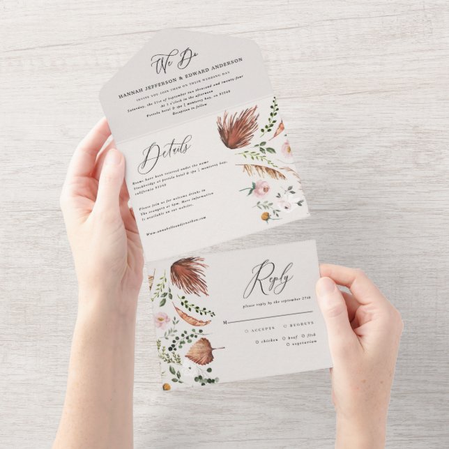 Rustik Boho Botanisk Skript Bröllopsinbjudan (Avrivbar del)