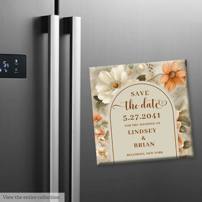 Rustik Boho Bränd Orange Elfenben Oliv Spara Datum Magnet (Rustic Boho Burnt Orange Ivory Olive Save the Date)