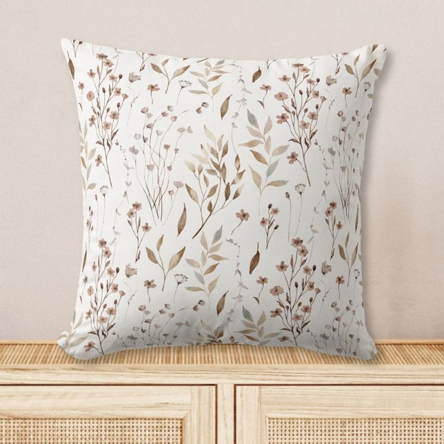 Rustik Boho Brun Vackra Blommor Bladsmönster Kudde (In situ)