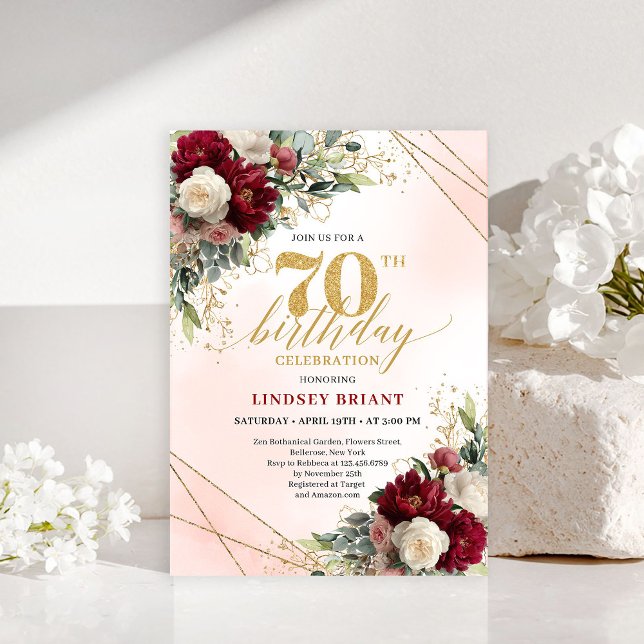Rustik Boho Burgunder Röd Blommig 70-års Födelseda Inbjudningar (Rustic Boho Burgundy Floral 70th Birthday Invitation)