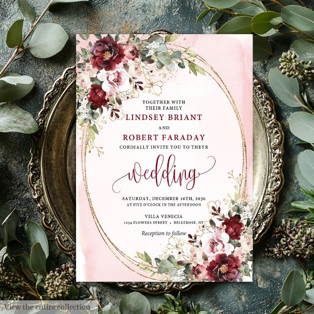 Rustik Boho Burgunder Rosa Guld Blommig Inbjudan (Rustic Boho Burgundy Blush Gold Floral Invitation)