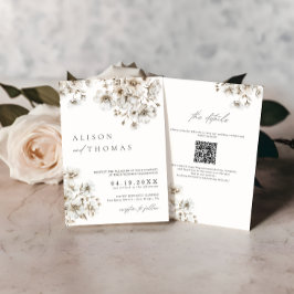 Rustik Boho Crème Blommig QR-kod Bröllop Inbjudningar