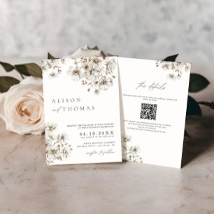 Rustik Boho Crème Blommig QR-kod Bröllop Inbjudningar