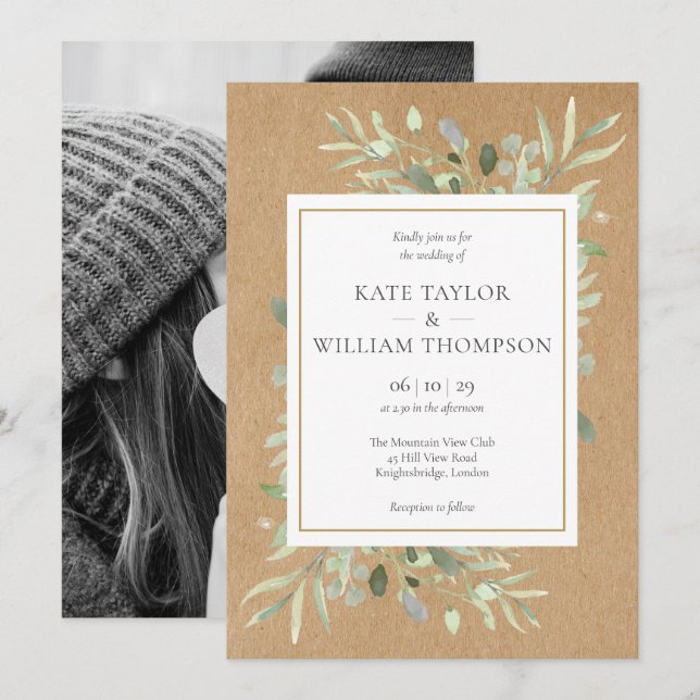 Rustik Boho Grönska Foto Bröllop Inbjudningar (Fram/baksida)