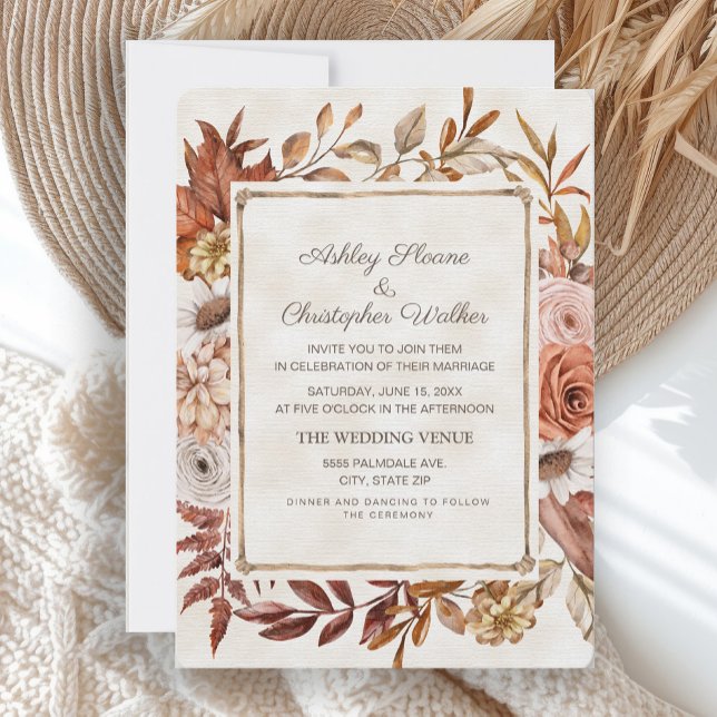 Rustik Boho Höst Blommig Bröllop Inbjudningar (Rustic brown leaves and blush pink floral fall/autumn wedding invitation)
