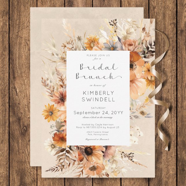 Rustik Boho Höst Blommig Ram Bröllopsbrunch Inbjudningar (Rustic Boho Fall Floral Frame Bridal Brunch Invitation)
