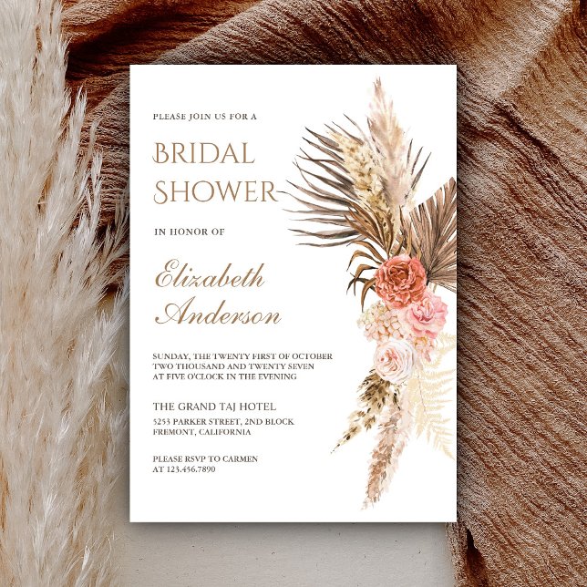 Rustik Boho Jordnära Blommig Pampas Bröllopsdusch Inbjudningar (Skapare uppladdad)