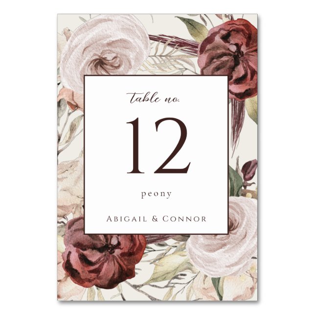 Rustik Boho Marsala Crème Blommig Bordsnummer (Framsidan)