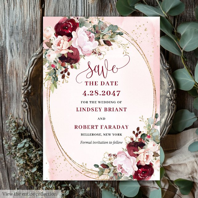 Rustik Boho Merlot Rosé Guld Blommor Spara Datum Inbjudningar (Rustic Boho Merlot Blush Gold Flowers Save Date)