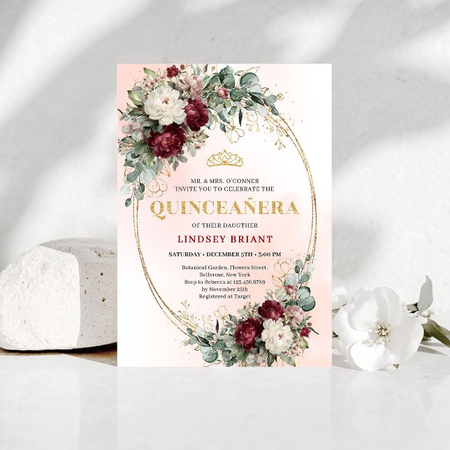 Rustik Boho Mörkröd Blommig Guld Quinceañera Inbju Inbjudningar (Rustic Boho Deep Red Floral Gold Quinceañera Invitation)