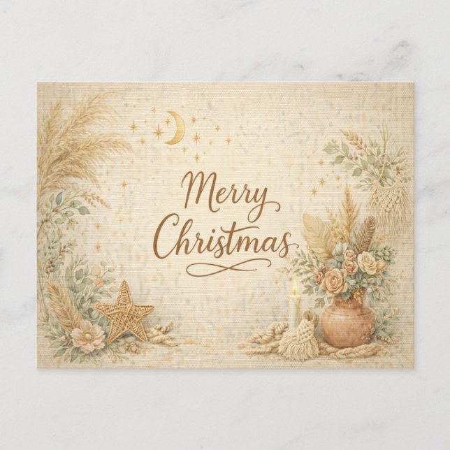 Rustik Boho Neutral Blommig God Jul Helg Vykort (Framsida)