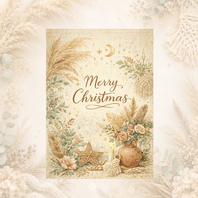 Rustik Boho Neutral Blommig God Jul Helgkort (Skapare uppladdad)