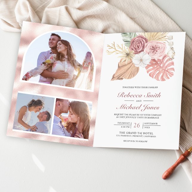 Rustik Boho Palm Dammtrosa Roser QR-kod Bröllop Inbjudan (Skapare uppladdad)