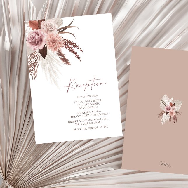 Rustik Boho Pampas Gräs Terrakotta Bröllop Tilläggskort (Boho Dusty Pink Dried Flowers Wedding Reception Enclosure Card)