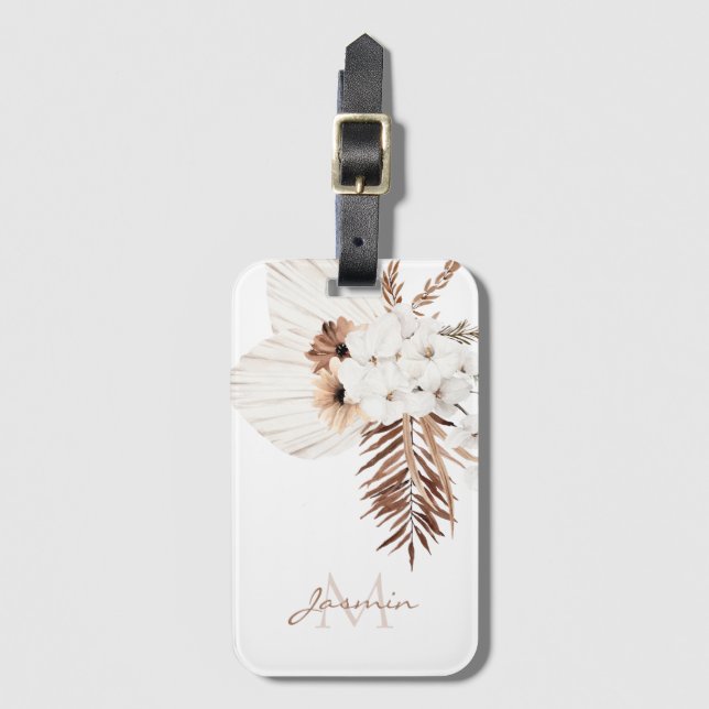 Rustik Boho Pampasgräs Blommig Monogram Bagagebricka (Framsida vertikal)