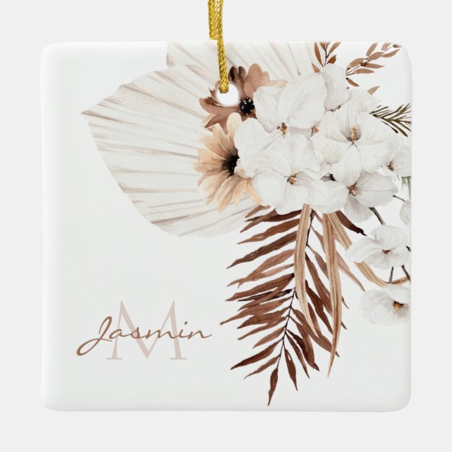 Rustik Boho Pampasgräs Blommig Monogram Julgransprydnad Keramik (Framsida)